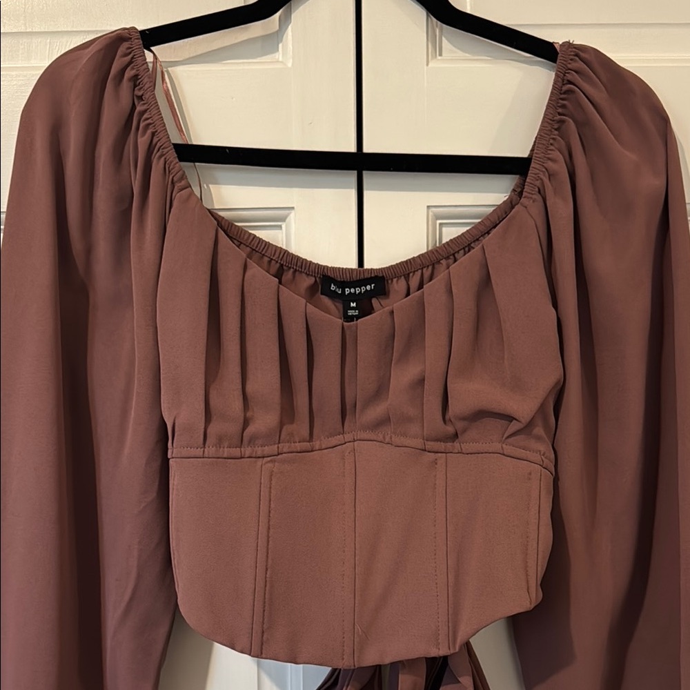 Blu Pepper Mauve Pleated Long Sleeve Blouse, Size Medium - Picture 3 of 5